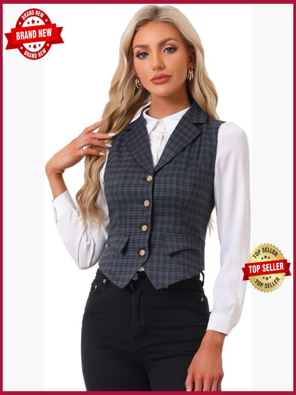 Women's Plaid Waistcoat Notched Lapel Sleeveless Vintage Vest